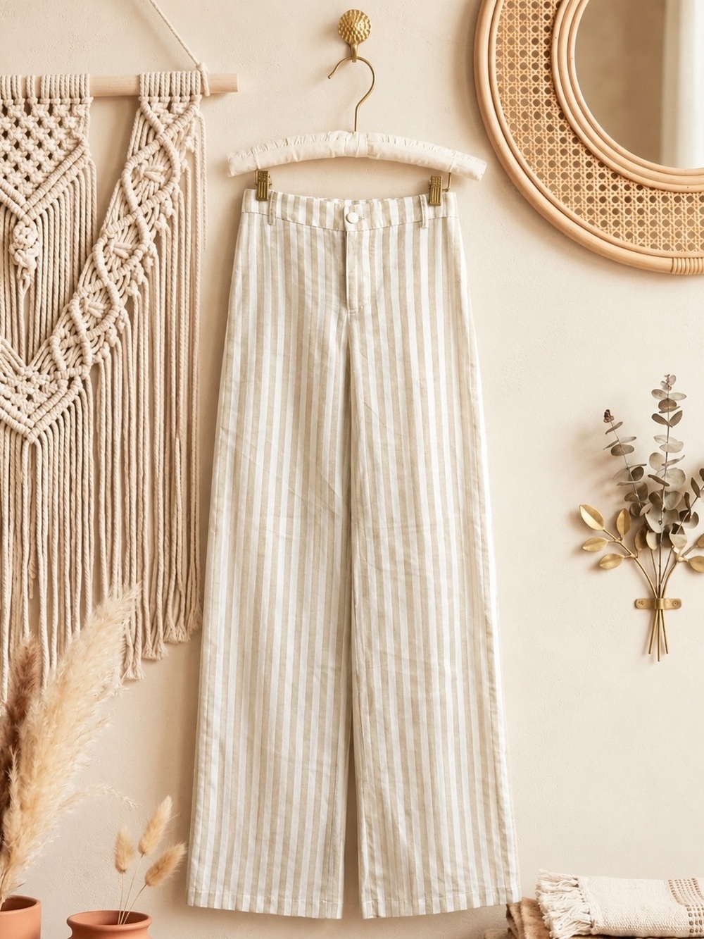 NWT Forever 21 Classic High-Waist Wide-Leg Stripe Pants - Cream/White